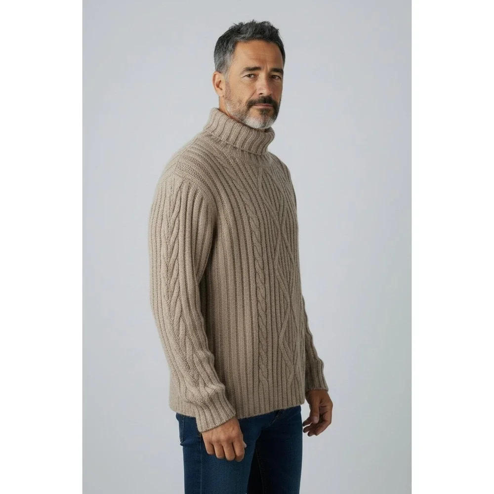 Banana Republic Beige Italian Wool Blend Turtleneck Cable Fisherman Sz XL